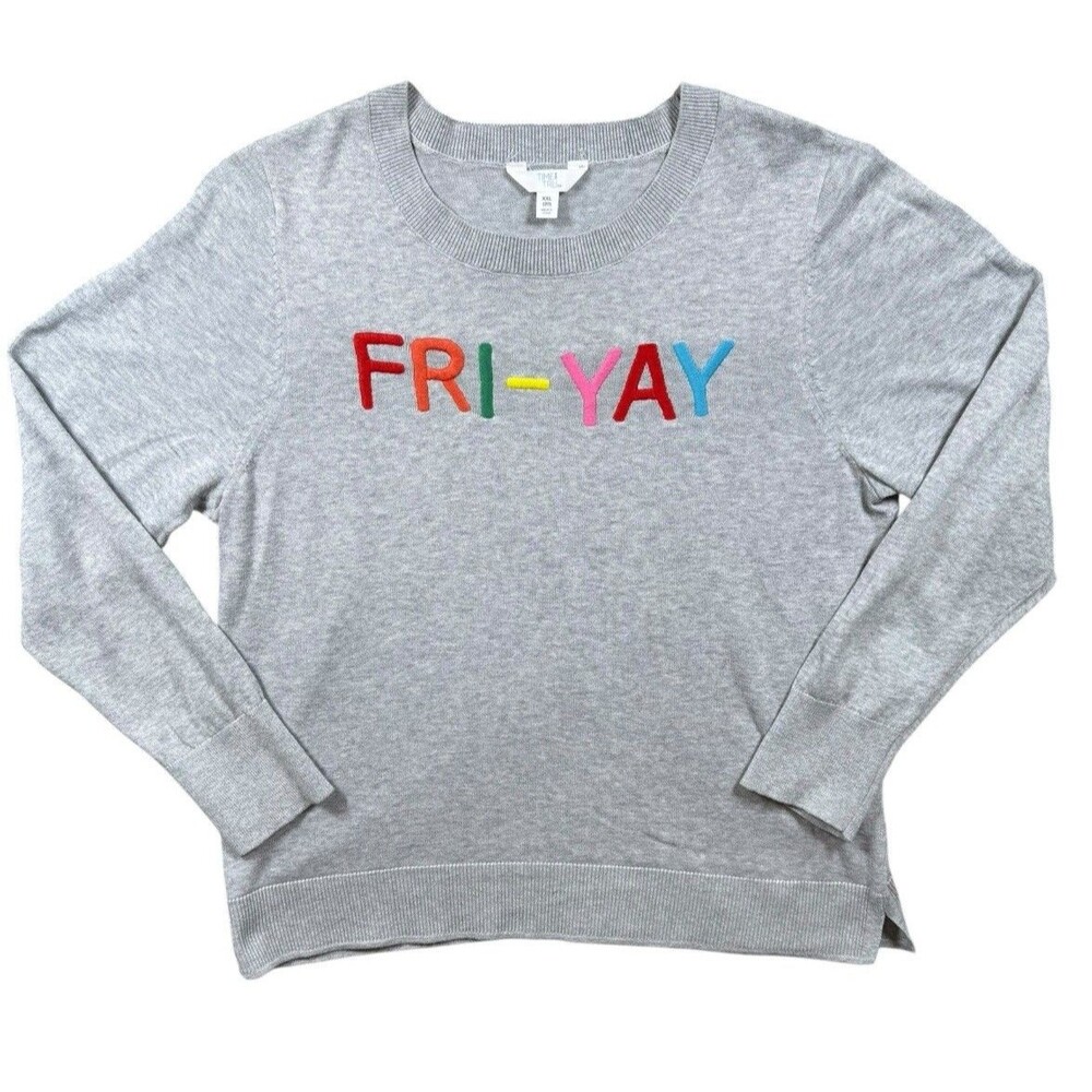 Time & Tru FRIDAY Embroidered Sweater XXL Gray Graphic Crewneck Casual Cozy